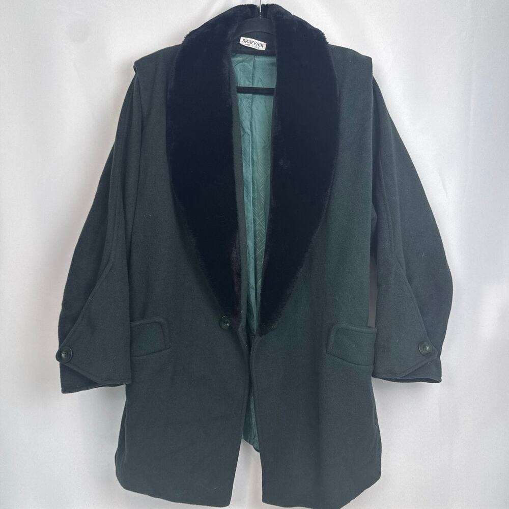 Braefair Womens Vintage Faux Fur Shawl Collar Coat Size L Hunter Green Mob Wife